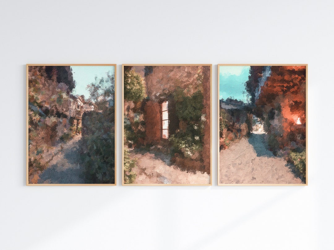 3 Piece Wall Art, Village Street Setting, Neutral Digital Painting, Printable Wall Art, Home