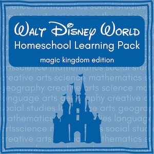May include: A blue educational document titled Walt Disney World Homeschool Learning Pack magic kingdom edition. The design features a dark blue castle silhouette centered over a light blue background with repeating text of school subjects.