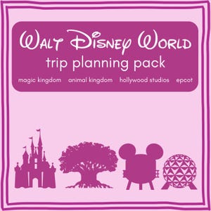 Puede incluir: Gráfico rosa y blanco con el texto "WALT DISNEY WORLD trip planning pack" y los nombres de los cuatro parques temáticos: Magic Kingdom, Animal Kingdom, Hollywood Studios y Epcot. Debajo del texto, se encuentran siluetas de los cuatro iconos de los parques temáticos: el Castillo de Cenicienta, el Árbol de la Vida, la cabeza de Mickey Mouse y Spaceship Earth.