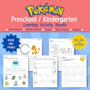 May include: A set of printable Pokemon-themed preschool and kindergarten learning activity worksheets. The worksheets feature letter tracing, number tracing, shape tracing, and color recognition activities. The worksheets are black and white and can be colored in. The worksheets are designed to help children learn basic skills such as letter recognition, number recognition, shape recognition, and color recognition. The worksheets are also designed to be fun and engaging for children.