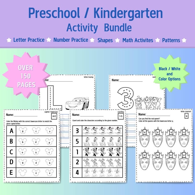 Disney Themed Preschool Pre-k Kindergarten Activity Learning Worksheets ...