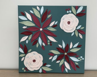 Maroon, green, and pink floral textured wall art | 3D art | Textured painting