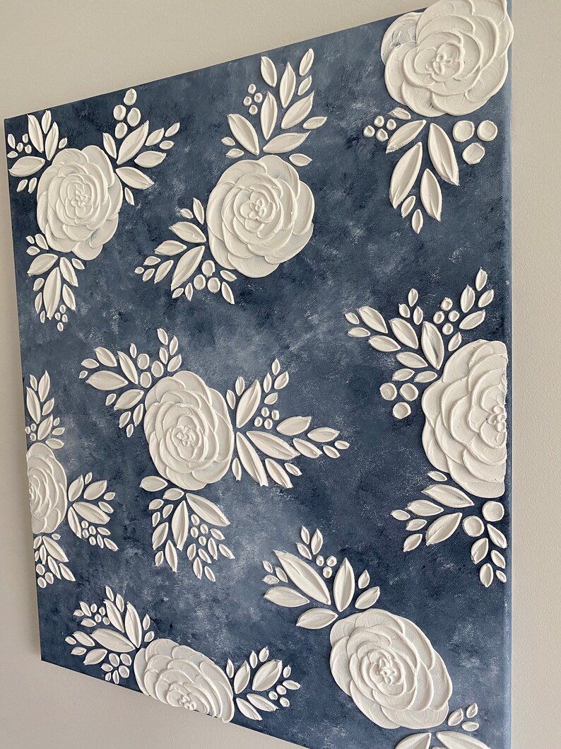 Navy and White Floral Textured Wall Art 3D Painting Etsy