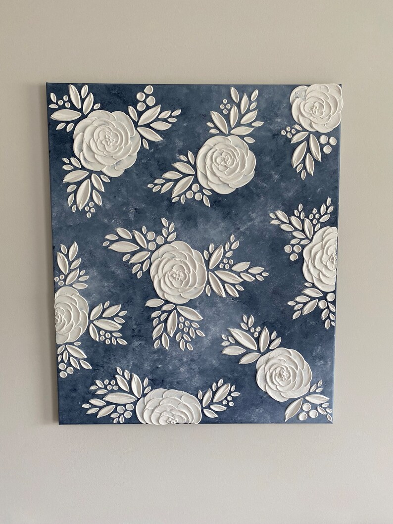 Navy and White Floral Textured Wall Art 3D Painting Etsy