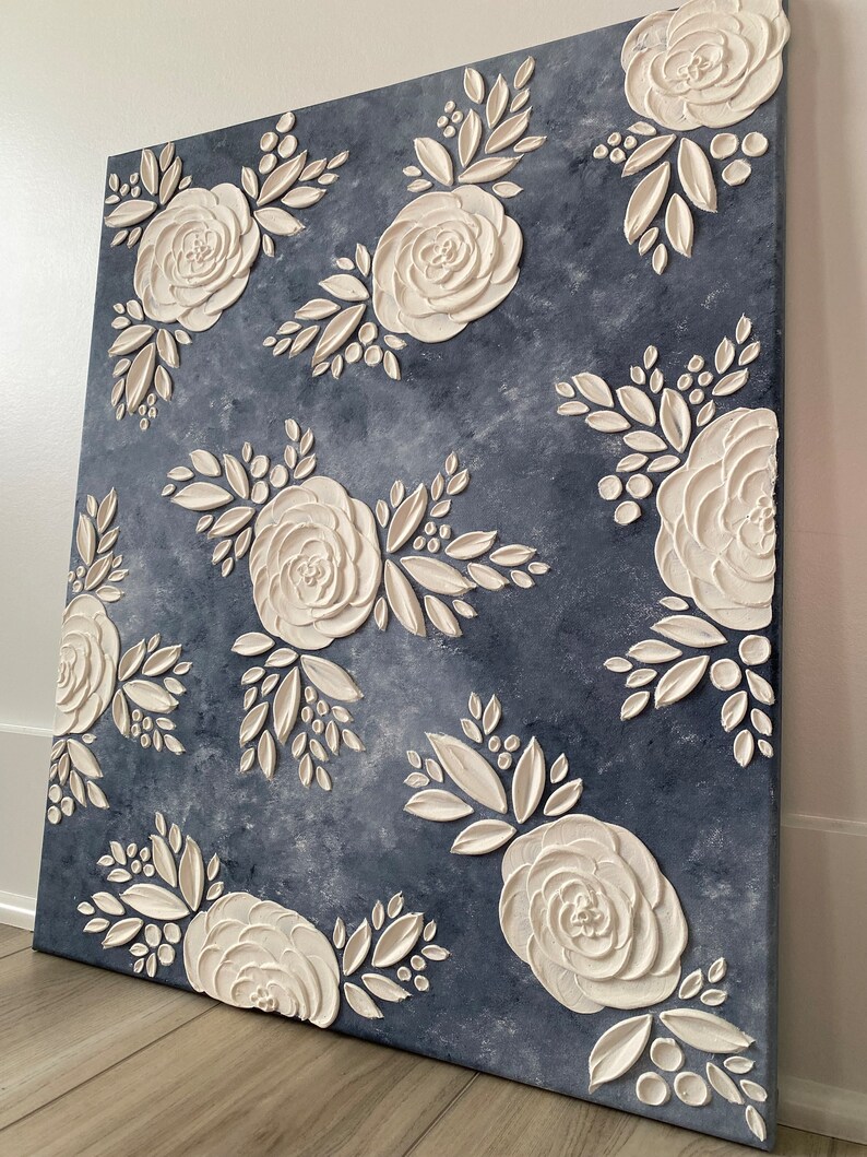 Navy and White Floral Textured Wall Art 3D Painting Etsy