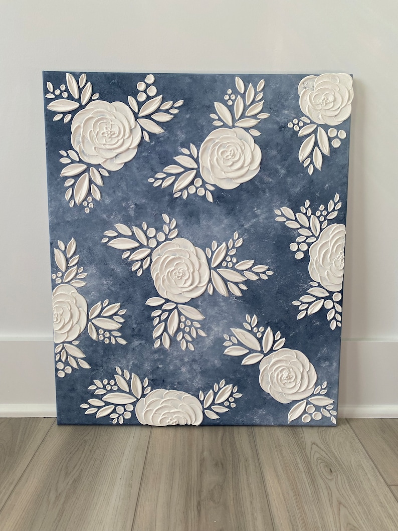 Navy and White Floral Textured Wall Art 3D Painting Etsy