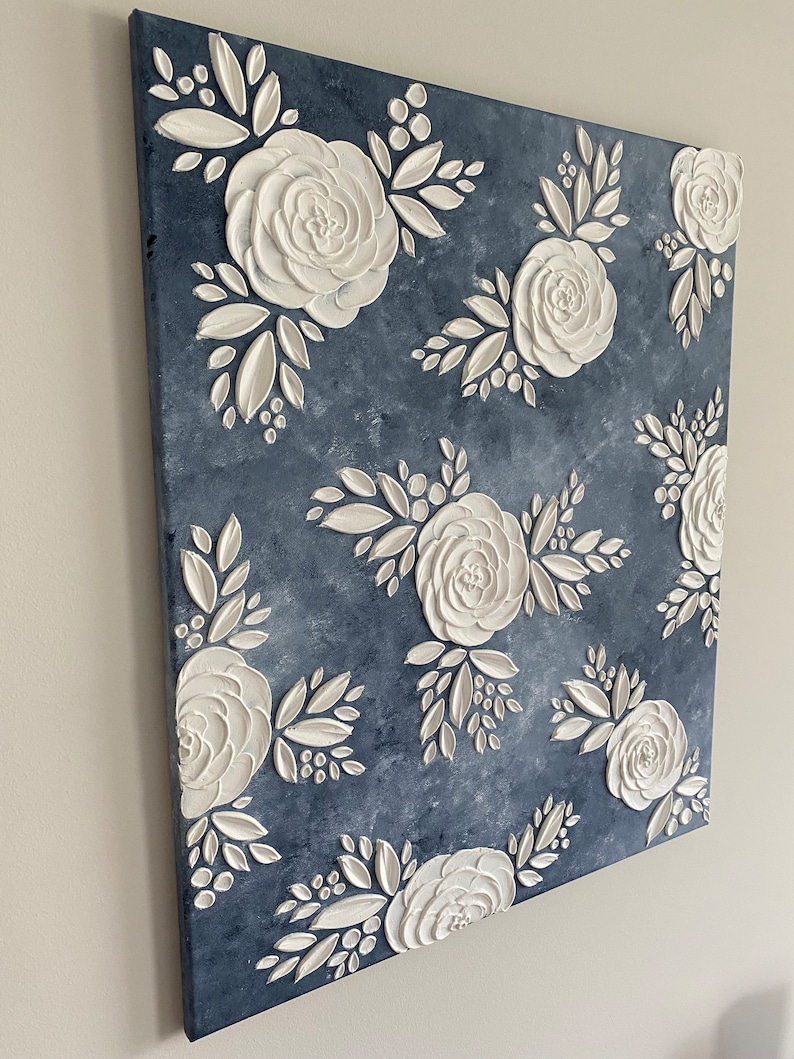 Navy and White Floral Textured Wall Art 3D Painting Etsy