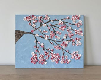 Textured Cherry Blossom Floral Wall Art: 3D Painting on Canvas