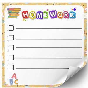 Op de afbeelding: Een witte huiswerkchecklist met het woord "HOMEWORK" in kleurrijke letters. De checklist heeft vijf regels met selectievakjes, een stapel boeken en de letters "ABC" onderaan. De achtergrond is geel met schoolthema-illustraties.