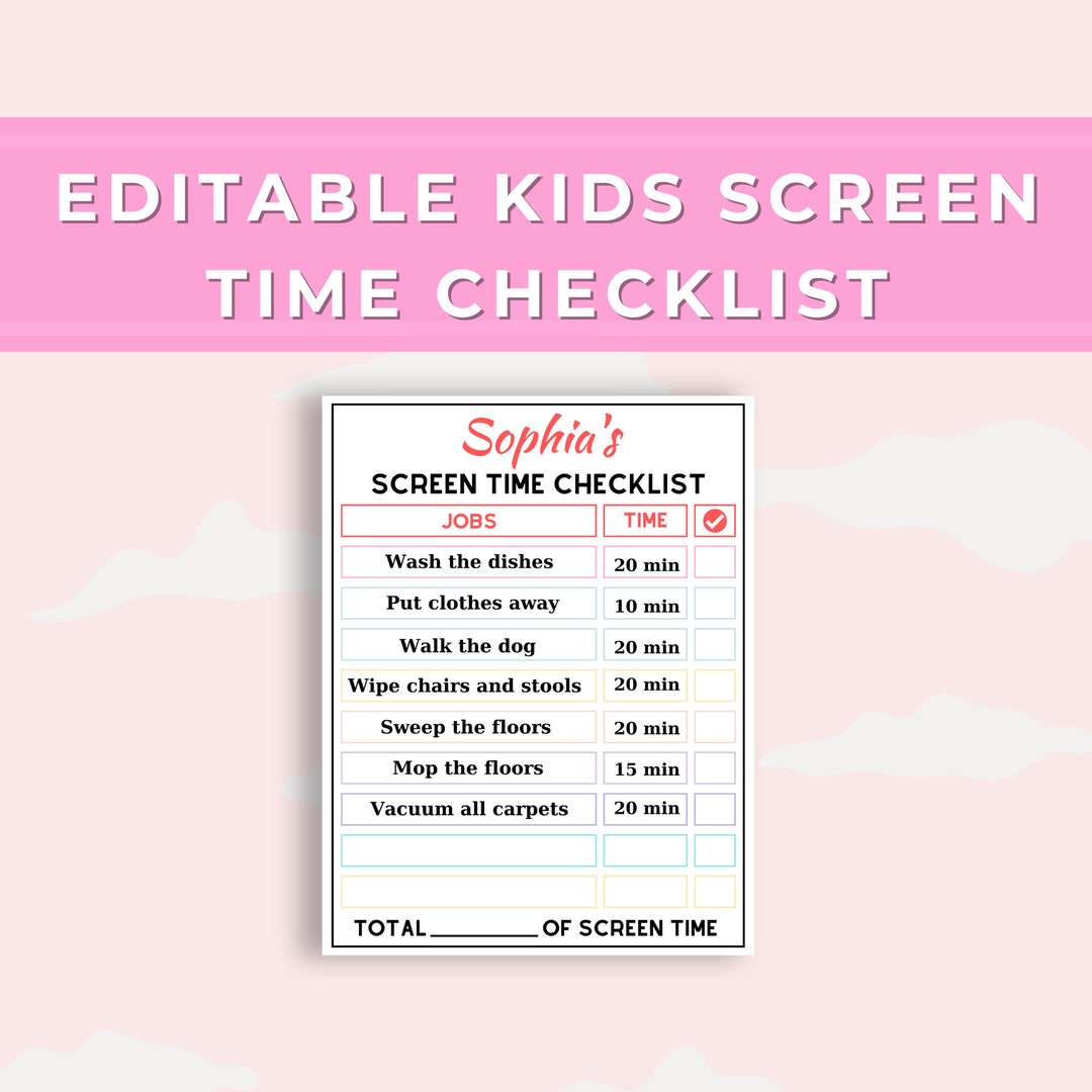 Editable Screen Time Chart Kids Screen Time Chore Chart - Etsy Australia