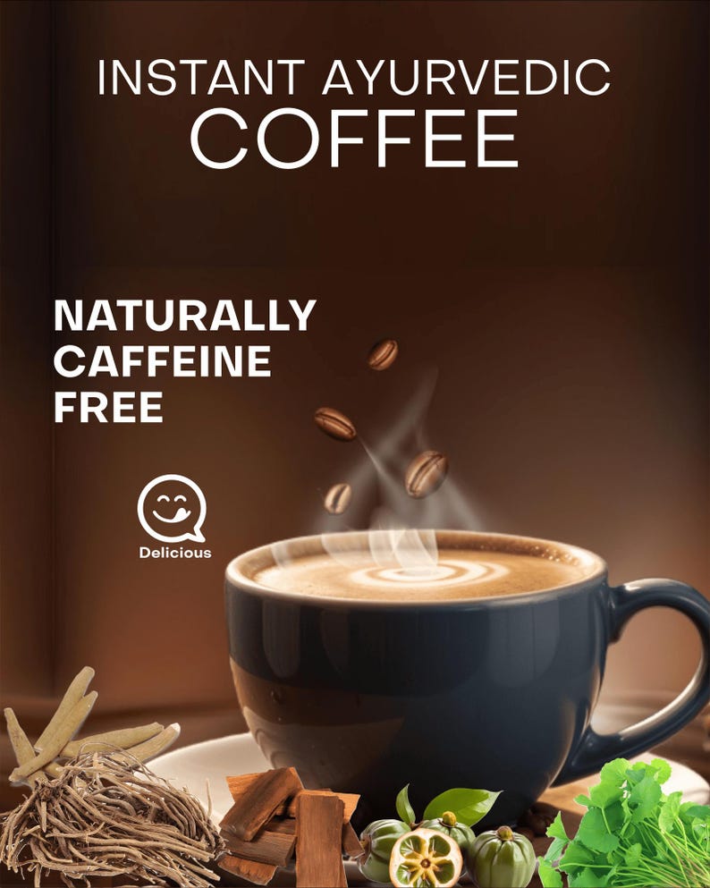 May include: A cup of steaming coffee with a swirl of foam on top. The coffee is naturally caffeine-free and made with Ayurvedic ingredients. The image also shows various herbs and spices used in the coffee, including roots, bark, and leaves.