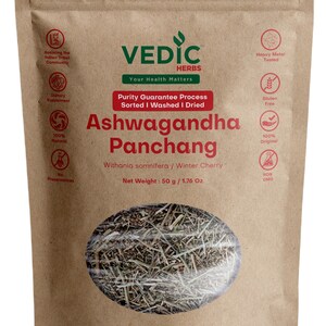 May include: A brown paper bag with a clear window showing dried herbs. The bag is labeled "VEDIC HERBS Ashwagandha Panchang" and lists the net weight as 50 g / 1.76 oz. The bag also has several icons indicating that the product is 100% natural, gluten-free, non-GMO, and heavy metal tested.