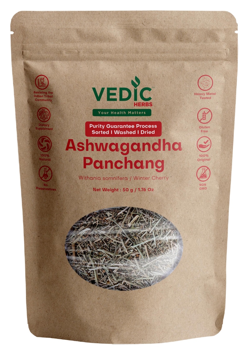 May include: A brown paper bag with a clear window showing dried herbs. The bag is labeled "VEDIC HERBS Ashwagandha Panchang" and lists the net weight as 50 g / 1.76 oz. The bag also has several icons indicating that the product is 100% natural, gluten-free, non-GMO, and heavy metal tested.