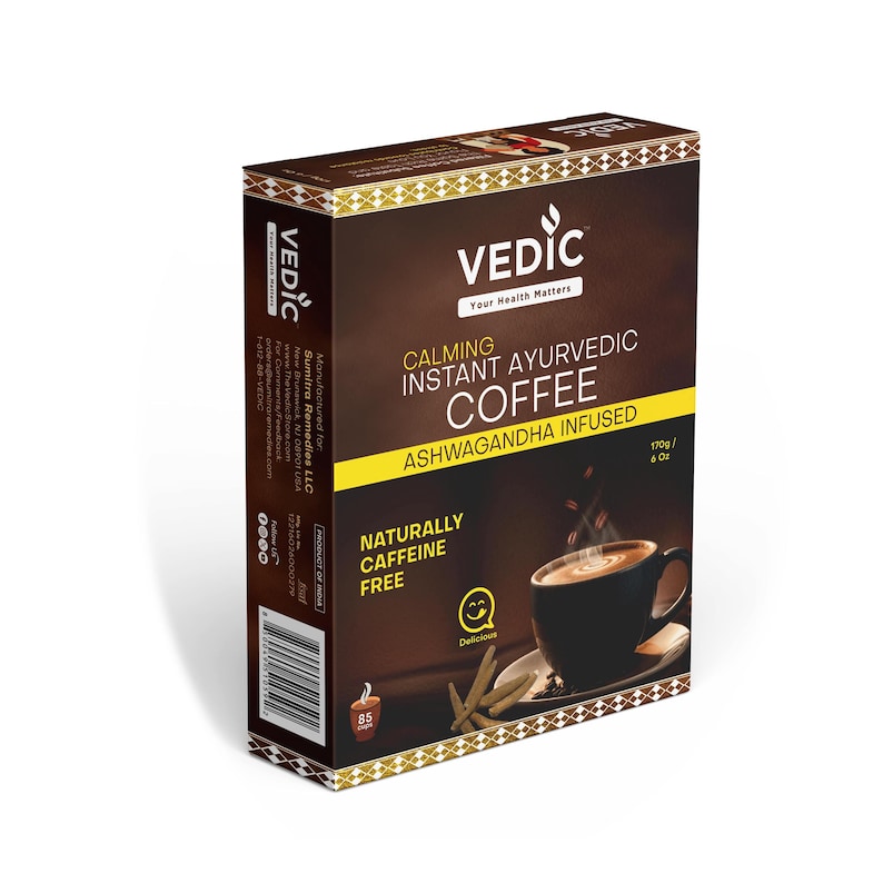 May include: A brown box with a gold border and the text "VEDIC" in white. The box contains calming instant Ayurvedic coffee infused with Ashwagandha. The coffee is naturally caffeine free and comes in a 109g/4 oz package.