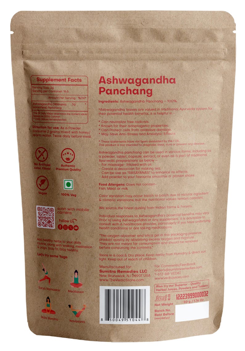 May include: Brown paper bag with a red and white label for Ashwagandha Panchang, a 100% natural supplement. The label includes information about the product's ingredients, benefits, and usage instructions. The bag also features a QR code for scanning with a mobile camera and a follow us link.