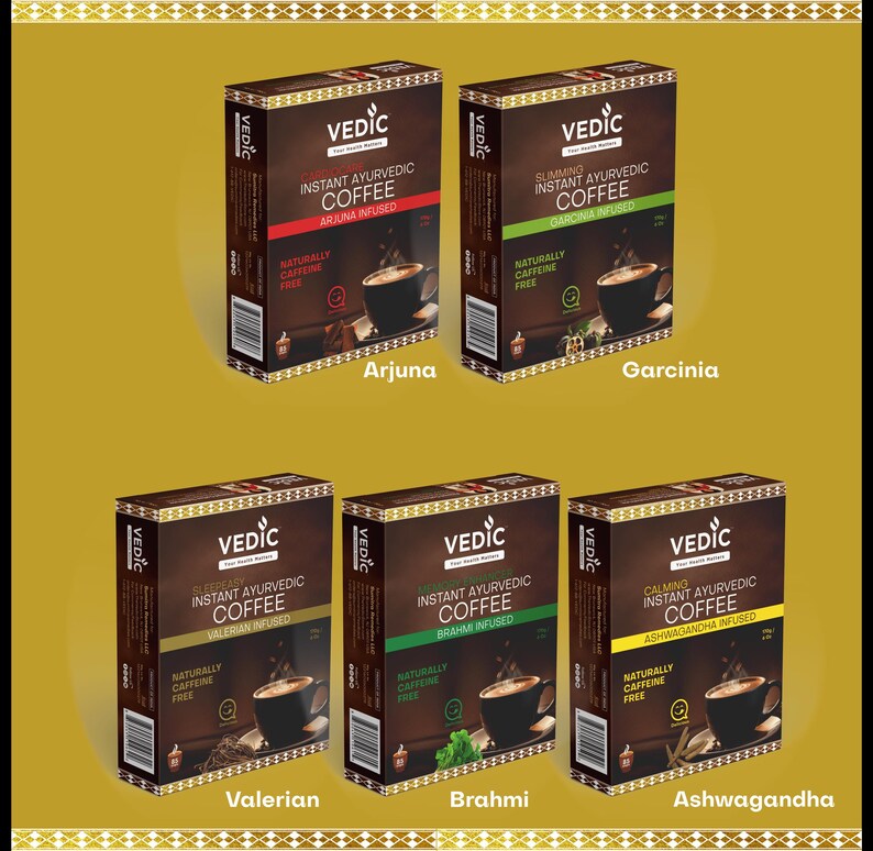 May include: Six boxes of instant Ayurvedic coffee with different herbal infusions. Each box features a brown background with gold accents and the text "VEDIC" in gold lettering. The boxes are arranged in two rows of three. The top row features Arjuna, Garcinia, and the bottom row features Valerian, Brahmi, and Ashwagandha.