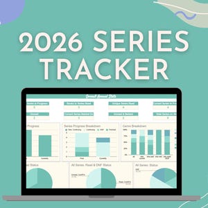 Peut inclure: Un écran d'ordinateur portable affichant un suivi de série 2026 de couleur sarcelle. L'écran présente des graphiques et des diagrammes de suivi des progrès de la série, de la répartition par genre et des statistiques annuelles. Le texte du titre est en grandes lettres blanches.