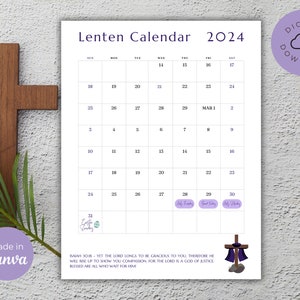 Lenten Calendar 2024 | Printable Lenten Prayer Calendar | Easter Countdown | Customizable Lenten Calendar | Ash Wednesday Planner