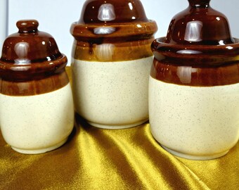 Vintage Stoneware Canister Set: Retro Brown Kitchen Storage, 1970s Rustic Decor