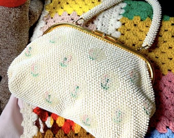 Vintage Cottagecore White Beaded Pink Floral Clutch Purse