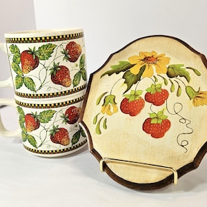 70s Vintage Strawberry Ceramic Coffee Mugs with Wood Strawberry Art – Adorable Fruit-Shaped Cottagecore Decor Set of 2 Mugs