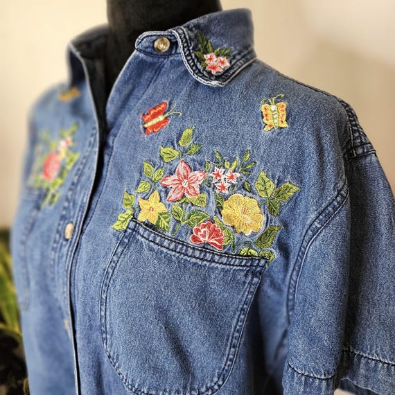 Embroidered Denim Shirt: Grannycore Floral Butter… - image 3