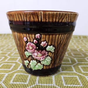 Vintage Mid-Century Modern Small 3&quot; Floral Cottagecore Barrel Planter
