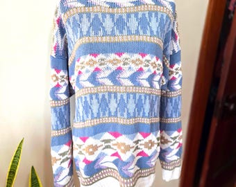 Vintage Eddie Bauer Cottagecore Cotton Sweater: Geometric Print, Size Large