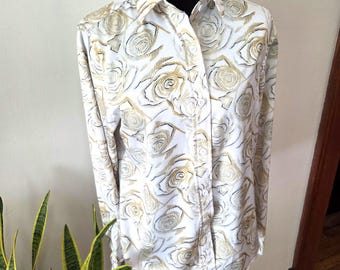 Vintage Gold Roses Print Blouse – Women's Size L Long Sleeve Button Down
