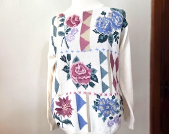 Vintage Cottagecore Grandma Sweater White with Bright Floral Print Size Medium by Alfred Dunner
