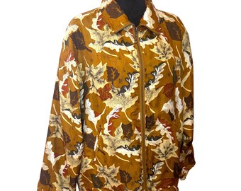 90s Vintage Silk Bomber Jacket: Autumn Leaf Print, Size Large