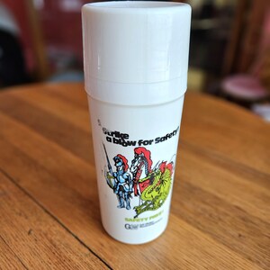 Vintage Aladdin Thermos: 1970s Safety Promo, Knight and Dragon Graphic