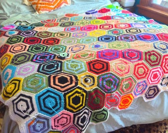 Vintage Hexagon Patchwork Quilted Crochet Rainbow Afghan: Grandmacore Boho Throw Blanket