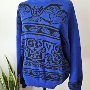 90s Vintage Royal Blue and Black Geometric Sweater Size 22W Plus