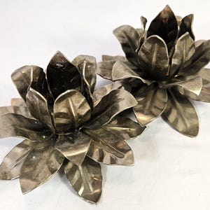 Vintage metal flower candlestick holders, cottagecore decor set of 2