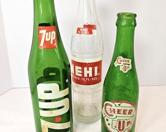 Vintage Soda Bottle Set: 7UP, NEHI, Cheer Up - Mid-Century Collectibles