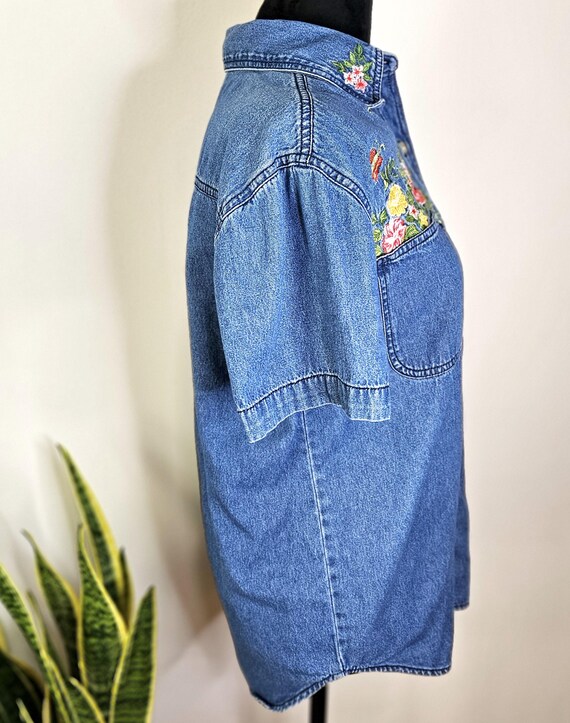 Embroidered Denim Shirt: Grannycore Floral Butter… - image 5