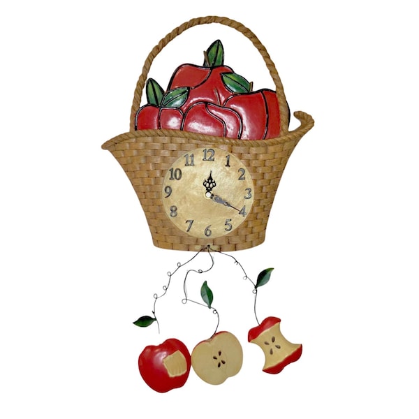 Vintage Country Apple Basket Pendulum Wall Clock | Retro Farmhouse Kitchen Decor Cottagecore Classroom Decor