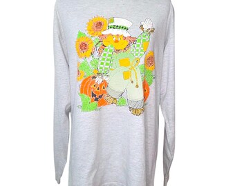 90s Vintage Halloween Long Sleeve T-Shirt – Retro Scarecrow with Sunflowers and Pumpkin Size Large
