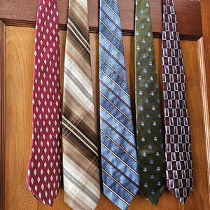 Lot of 5 Vintage 1970s Men’s Neckties – Geometric and Striped Patterns– Retro Tie Set in Blues, Browns, Greens, Reds
