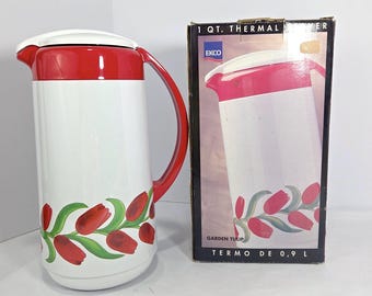 Vintage EKCO Garden Tulip Thermal Server – 1 Quart Insulated Carafe – White Red Floral Coffee Server – New in Box 1997