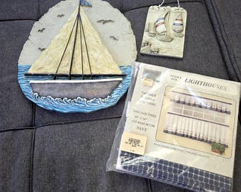 Nautical Coastal Décor Lot — Sailboat Wall Art, Sailboat Plaque and Lighthouse Curtains