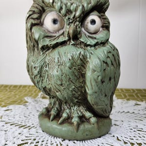 Vintage 1968 Owl Coin Bank: Olive Green Cottagecore Decor