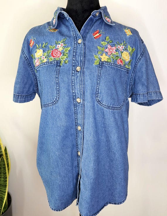 Embroidered Denim Shirt: Grannycore Floral Butter… - image 1