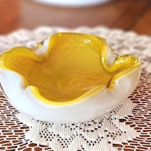 Mid Century Yellow and White Murano Glass Dish or Ashtray Vintage Art Deco