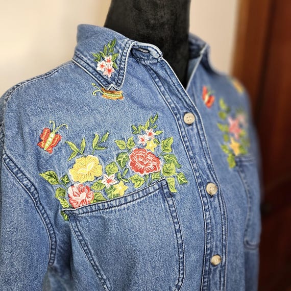 Embroidered Denim Shirt: Grannycore Floral Butter… - image 2
