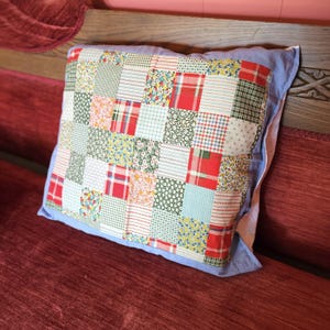 Blue Patchwork Quilt Vintage 80s Pillow Handmade by a Grandma