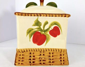 Vintage Alco Industries Apple Cookie Jar – Basket Weave Ceramic Canister Farmhouse Kitchen Decor