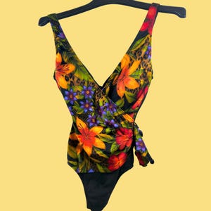Vintage 90s Black Floral Full Piece Swimsuit by Longitude Size 10
