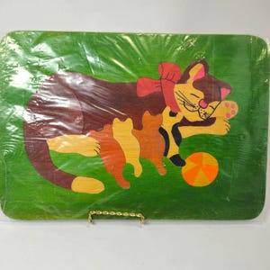 1950s MCM Wooden Cat Puzzle: Vintage Kid&#39;s Toy, Still Sealed